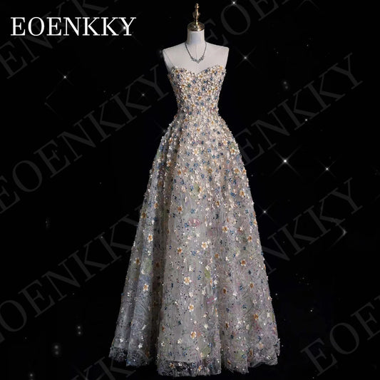 EOENKKY Gorgeous Prom Dress 3D Flower Floor Length Sweetheart Strapless Formal Graduation Gown A Line Customized فساتين سهرة