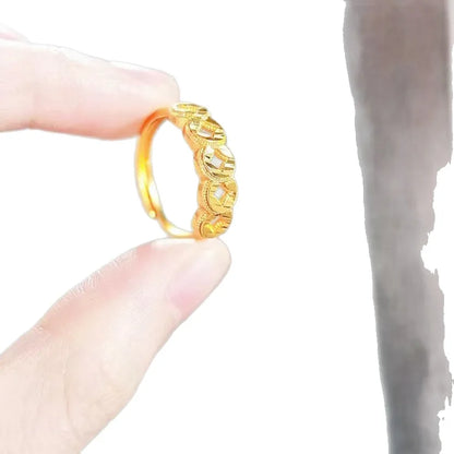Women's Coin Open Ring, 24K Gold, AU999 | "Stability" engraving with square-hole motifs, subtle professional elegance.