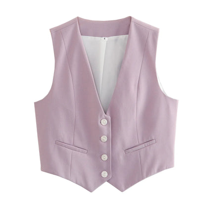 TRAFZA Fashion Women Vest Sleeveless Vests for Women Chic V-Neck Single-Breasted Ladies Elegant White Waistcoat Tops
