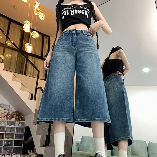 American Retro High Street Straight Leg Jeans Chic High Waist Versatile Wide Leg Seven-Foot Mid-Calf Pants Summer New Arrival