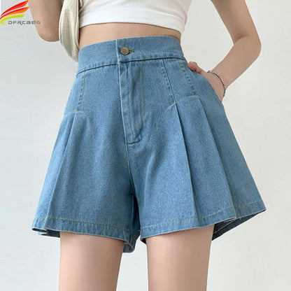 DFRCAEG 2024 Summer Plus Size Denim Shorts For Women High Elastic Waist Blue Or Sky Blue Pleated Mini Large Size Short Femme