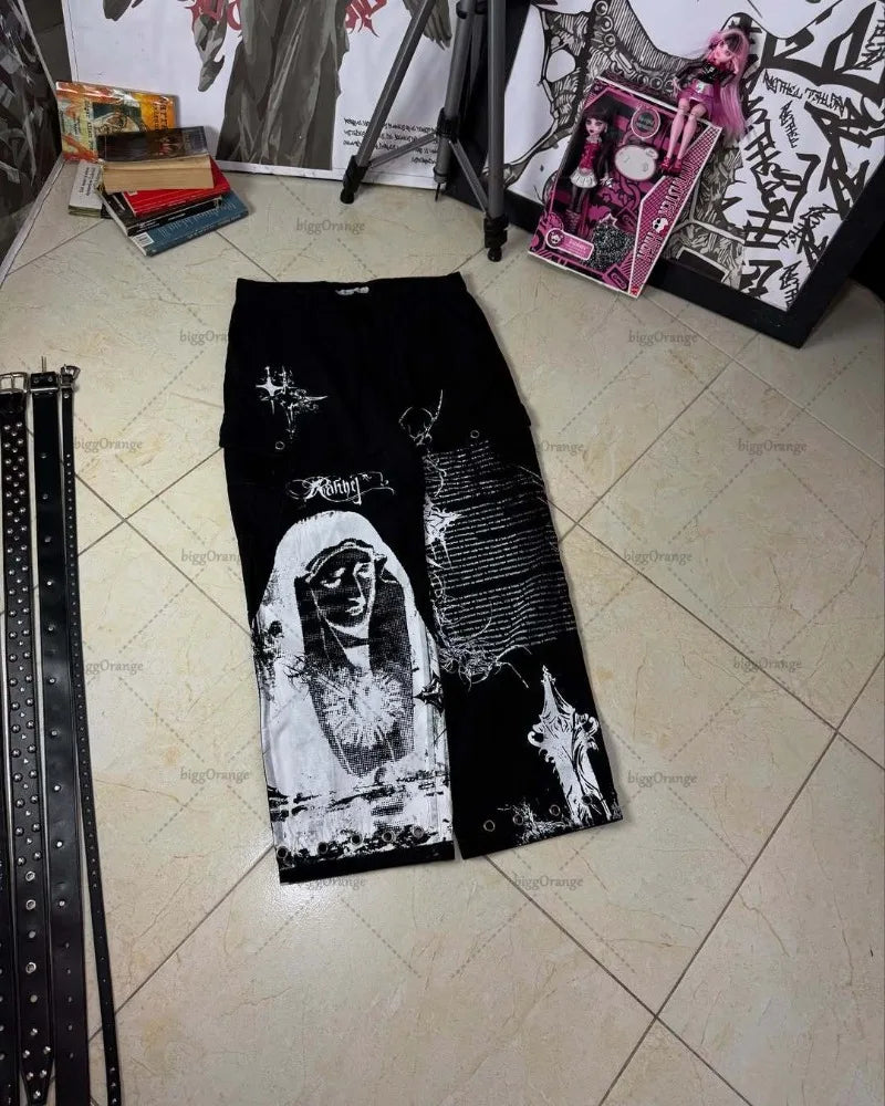 Harajuku Y2K Streetwear Hip Hop Punk Casual Baggy Jeans Women Gothic Animation Print Black Straight Wide Legs Vintage Clothing
