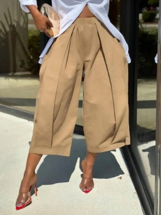 Beautyblue Khaki Women's Pants Wide-leg Capri Pants Summer New Fashion Loose Pocket Elastic Waist Loose Cotton Cropped Trousers