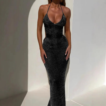 Women Slim Halter Backless Sleeveless See Through Party Dress Sexy Knit Embroidery Long Beach Dresses 2025 New Summer Lady Robes