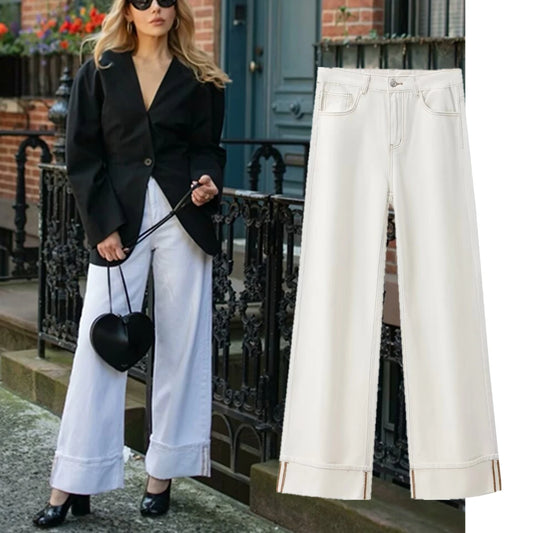Maxdutti Vintage Loose Mom White High Waist Jeans Wide Leg Jeans Women With Contrasting Stitching Casual Trousers