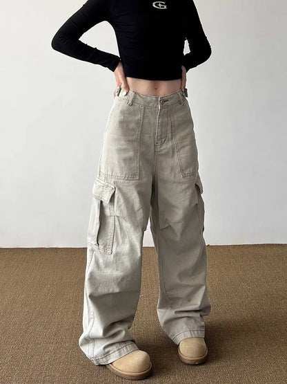 American Retro Multi-pocket Cargo Jeans With Big Pocket Do Old and Washed Jeans Denim Trousers Women Baggy Pants Y2k Clothing
