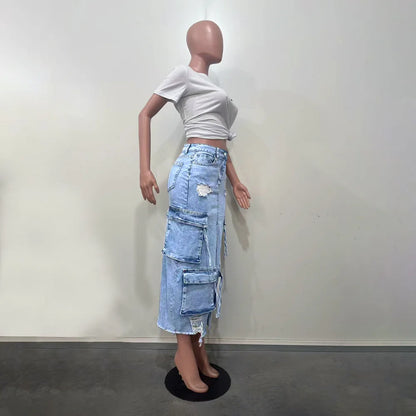 Mid Length Skirts Women Denim Skirt Hole Pockets A Line Slit Slim Y2k Streetwear Elegant Splice Y2k High Waist Summer 2025