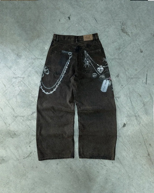 Hip-hop Harajuku Chain 3D Printed Graphic Jeans Men Gothic Y2K Streetwear Straight Trousers Women Trendy Wide-leg Scimitar Pants