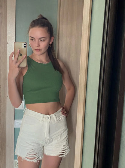 Summer New Style Wide Leg Pants Candy Color Ripped Denim Shorts Female High Waist Green A-line Women Jeans Hot Shorts Pants