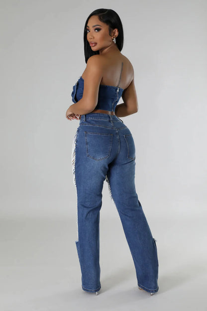Ripped Jeans for Women Straight Pants Diamonds Chain Stretch Distressed High Waist Floor Length 2025 Streetwear Denim Trousers