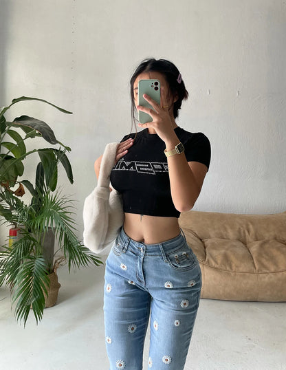 Women's Denim Bell Bottoms High Waist Tight Elastic Long Legs Daisy Embroidered Printed Spicy Girl Slim Straight Jeans UDUE