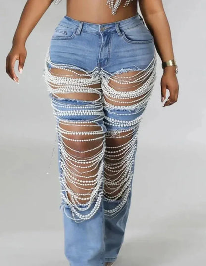 Ripped Jeans for Women Straight Pants Diamonds Chain Stretch Distressed High Waist Floor Length 2025 Streetwear Denim Trousers