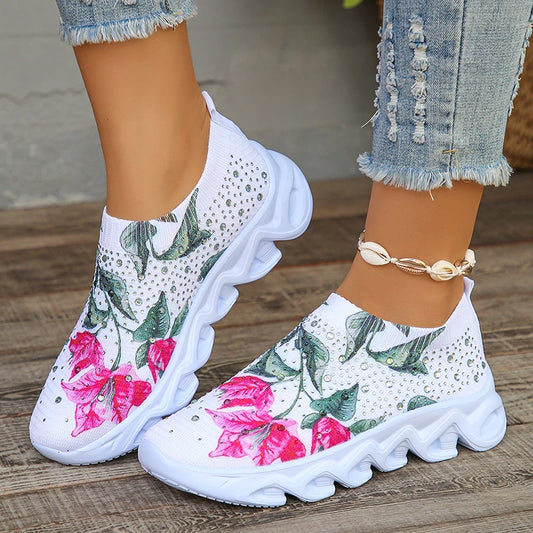 Flower Breathable Knitted Flats Women 2024 Autumn Comfort Soft Sole White Sneakers Woman Slip-On Flat Heels Platform Sport Shoes