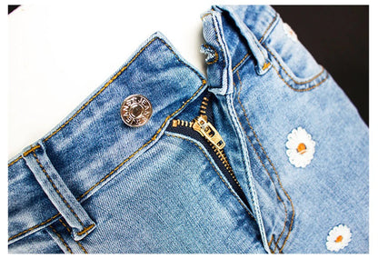 Women's Denim Bell Bottoms High Waist Tight Elastic Long Legs Daisy Embroidered Printed Spicy Girl Slim Straight Jeans UDUE