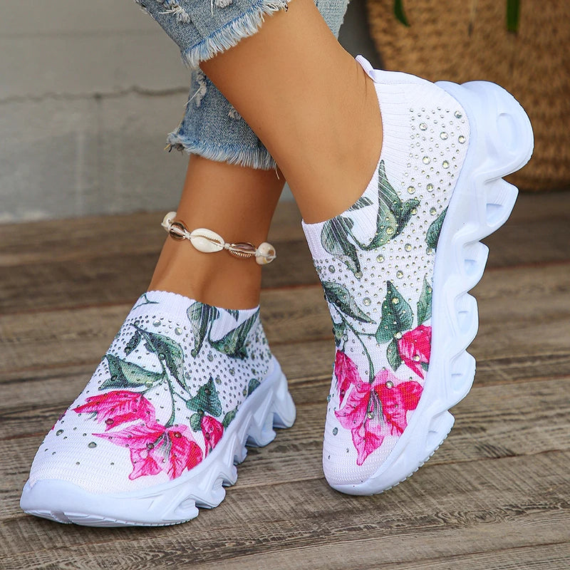 Flower Breathable Knitted Flats Women 2024 Autumn Comfort Soft Sole White Sneakers Woman Slip-On Flat Heels Platform Sport Shoes