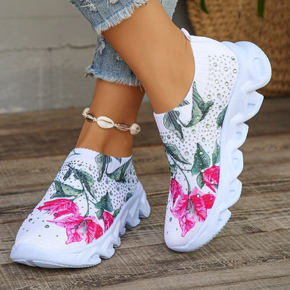 Flower Breathable Knitted Flats Women 2024 Autumn Comfort Soft Sole White Sneakers Woman Slip-On Flat Heels Platform Sport Shoes