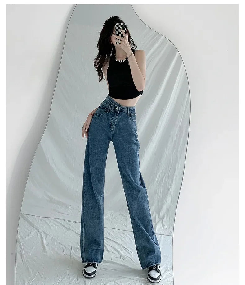 Design Sensibility High-Waisted Slimming Jeans Loose-Fit Straight-Leg Women's Korean Style Tie-Detail Wide-Leg Casual Trousers