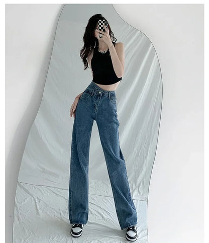 Design Sensibility High-Waisted Slimming Jeans Loose-Fit Straight-Leg Women's Korean Style Tie-Detail Wide-Leg Casual Trousers