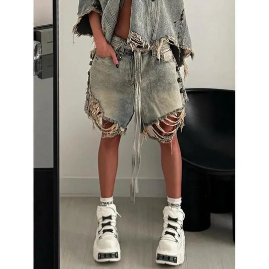Women's Vintage Ripped Harajuku Loose Fit Jeans Y2K Damage Emo Trashy Calf-Length Pants Kpop Baggy Washed Denim Trouser