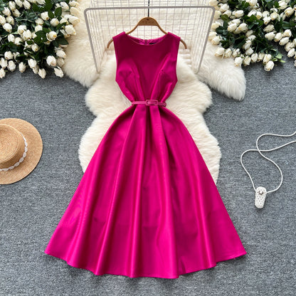 Chic O-Neck Vintage sleeveless Elegant evening dress High Waist Korean Fashion Vestidos  women clothing