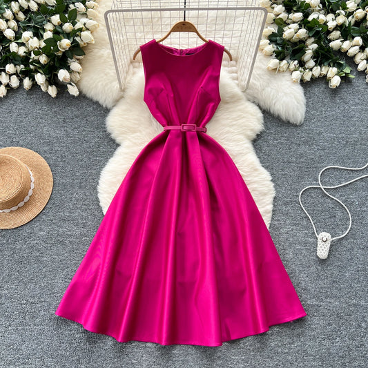Chic O-Neck Vintage sleeveless Elegant evening dress High Waist Korean Fashion Vestidos  women clothing