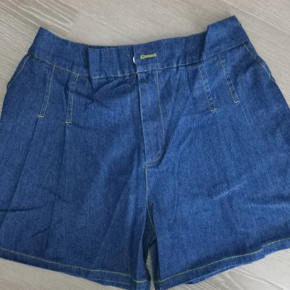 DFRCAEG 2024 Summer Plus Size Denim Shorts For Women High Elastic Waist Blue Or Sky Blue Pleated Mini Large Size Short Femme