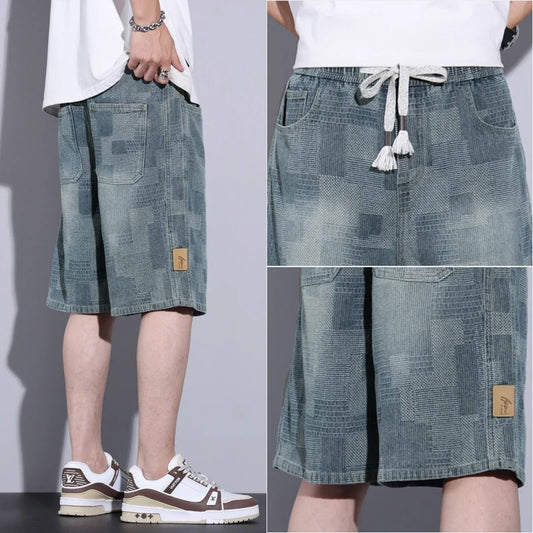 Casual Mens Clothing Baggy Denim Shorts Summer Fashion Starry Sky Pattern Elastic Waist Shorts Men Streetwear Short Jeans Korean