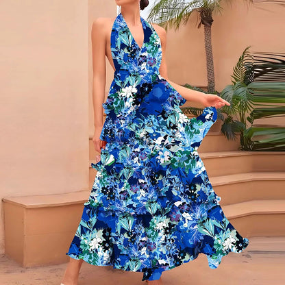 Summer New Floral Printed Halter Dress Sexy Deep V Sleeveless Backless Evening Dresses Temperament High Waisted Lace Up Dresses