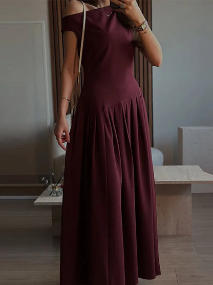 Elegant Long Dress Women Loose Skew Collar Sleeveless A Line Robe Female 2025 Spring Summer Solid Fashion High Waist Dress Lady