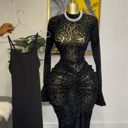 Women Full Sleeve Long Dress Lace Leopard See Through Ruched O-neck Evening Vestidos Sexy Party Maxi Dresses Vestidos