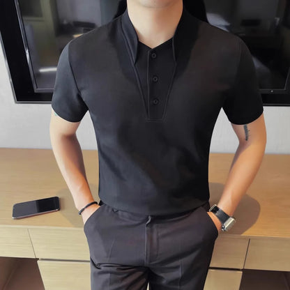 Summer Men's Polo Shirts Korean Style Fashion Turn Down Collar Solid Color Short Sleeve Slim Fit Polos Men Fake Two Pieces Tees