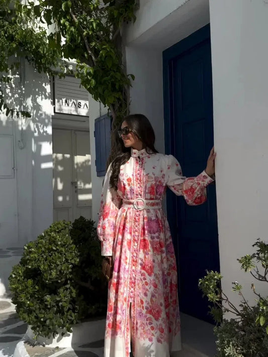 Chic Printed Stand Collar Single Breasted Dress Women Elegant Long Sleeve High Waist Dresses Female Summer Holiday Casual Robe