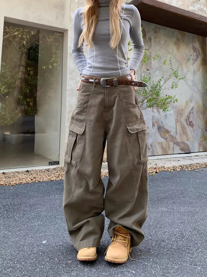 New American high street brown jeans for women washing straight spring and autumn loose casual gothic trousers wide-leg pants