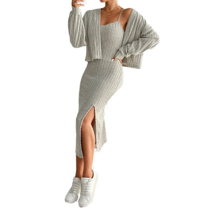 Autumn/Winter New Set Women's Fashion and Temperament Slim Fit Casual Long Sleeve Knitted Suspender Coat Dress