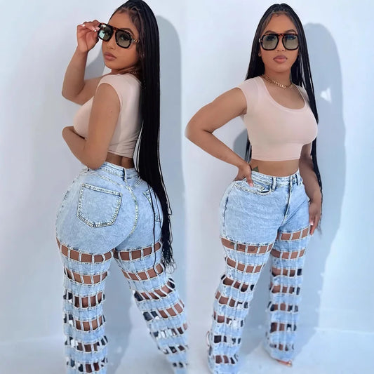 Denim Pant Women Jeans Long Pants Hollow Out High Waist Straight Mom Trousers Y2k Streetwear Elegant Splice Hole Casual Work