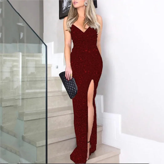 Sexy summer 2025 new European and American women's clothing fashion dress with straps, sequins and slit evening dress.
