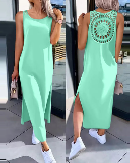 Spring Summer New Women's Clothing Solid Color V-neck Vest Back Lace Cutout Slit Casual Dress