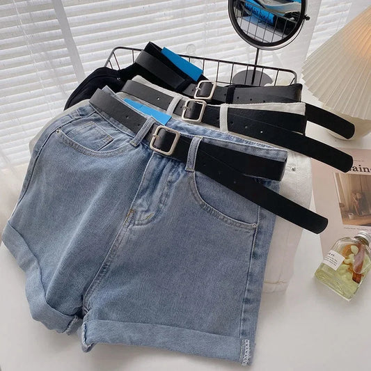 2022 New Spring Summer High-Waisted Slimming A- Line Denim Shorts Women's Loose-Fit Casual Heat Pants Rolled Edge Design