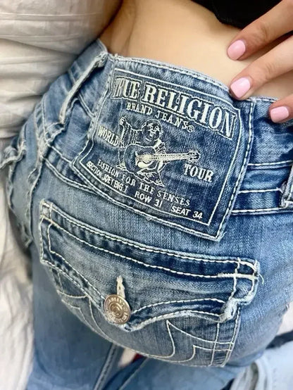 Y2k New Harajuku Retro Cherry Blossom Embroidered Blue Loose Jeans for Mens and Womens Gothic Fashion Low Waist Wide Leg Jeans