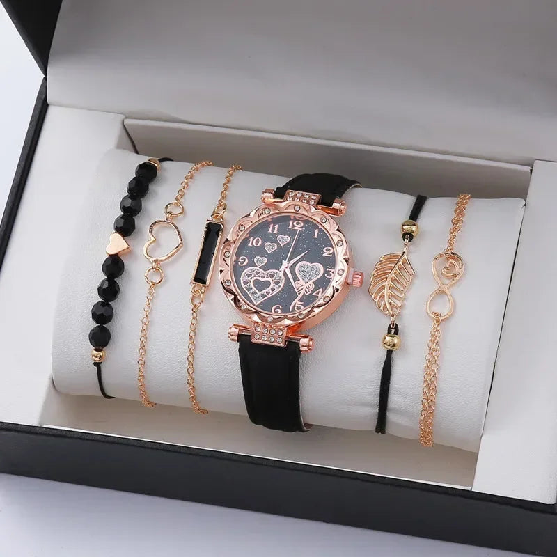 6PCS Set Watch For Women Luxury Leather Analog Ladies Quartz Wrist Watch Fashion Bracelet Watch Set Female Relogio Feminino