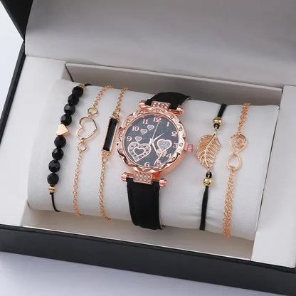 6PCS Set Watch For Women Luxury Leather Analog Ladies Quartz Wrist Watch Fashion Bracelet Watch Set Female Relogio Feminino
