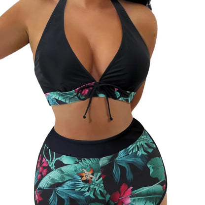 Sexy Print Halter Neck Bikini Set High Waist Women's Swimsuit Cross-Border New Arrival Hot Sale Of The Season Trendy Split Desig