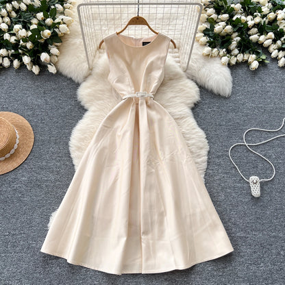 Chic O-Neck Vintage sleeveless Elegant evening dress High Waist Korean Fashion Vestidos  women clothing