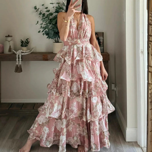 Summer New Floral Printed Halter Dress Sexy Deep V Sleeveless Backless Evening Dresses Temperament High Waisted Lace Up Dresses