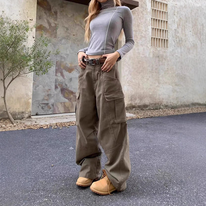 New American high street brown jeans for women washing straight spring and autumn loose casual gothic trousers wide-leg pants