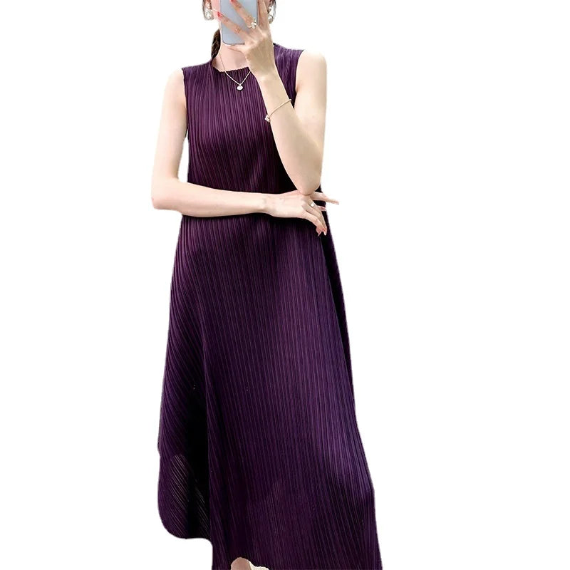 Miyake Skirt Women 2023 Summer New Casual Simple Graceful Loose Pleated Design round Neck Sleeveless DressLuxury Evening Dresses