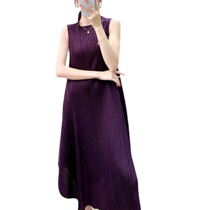 Miyake Skirt Women 2023 Summer New Casual Simple Graceful Loose Pleated Design round Neck Sleeveless DressLuxury Evening Dresses