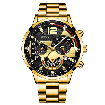 4pcs Luxury Men Business Quartz Watch Gold Alloy Roman with Calendar Wrist Watch Cross Necklace Bracelet Ring Set Men's Gift