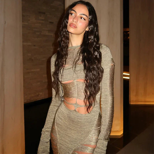 Sexy Hollow Out Evening Party Maxi Dress For Women Long Sleeve Backless Slimming High Waist Luxury Robe 2025 New Summer Y2k