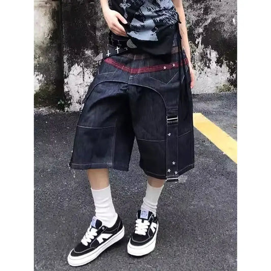 Summer Blue Washed Loose Multi-pocket Denim Cropped Pants Women High Street Y2K Vintage 2000s Baggy Jean Oversized Jorts Shorts